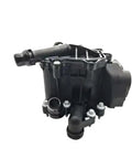 Premium Thermostat Housing Heat Management Module BMW X1 X3 X5 Engine Assembly, close-up view, black plastic construction.
