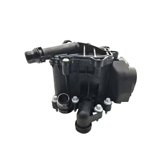 Premium Thermostat Housing Heat Management Module BMW X1 X3 X5 Engine Assembly, close-up view, black plastic construction.