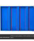 Heavy Duty Four Tier Steel Shelving Unit Bolt Free Assembly Garage Workshop Utility Storage Rack For Tools Pantry Organization showing blue laminate with reinforcement grooves.