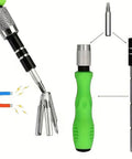 32 In 1 Precision Screwdriver Set with mini magnetic bits and ergonomic green handle for electronics repair.