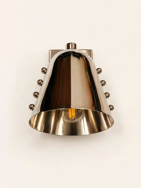 Modern Adjustable Chrome Wall Sconce Polished Metal E26 Modern Adjustable Chrome Wall Sconce | Polished Metal Spotlight Wall Light | Contemporary Indoor Wall Lamp for Bedroom, Living Room with shiny cone-shaped shade.