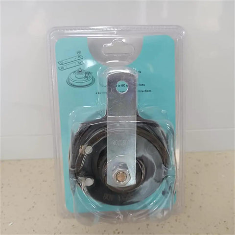 Heavy Duty 110Db 80V Electric Horn For Golf Carts, Pallet Trucks & Stacker Systems in packaging showing installation details.
