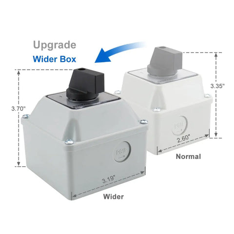 Comparison of Universal Rotary Changeover Switch SZW26-20/D202.2D-W Wider Master Exterior Box with Normal Box 3.19 vs 2.60 inches.
