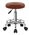 PU Leather Rolling Stool With Wheels Footrest 360 Degree Swivel Height Adjustable Chair in Small Brown