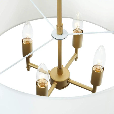 Interior view of 4 Light Modern Chandelier With White Linen Drum Shade In Antique Brass Finish showing four E12 bulbs