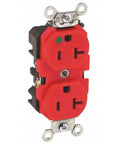 Hospital Grade Extra Heavy Duty 20 Amp 125 Volt Duplex Receptacle Red Self Grounding Straight Blade With Interlocking Nylon Cover And Nickel Plated Brass Strap 2 Outlets Green Dot Mark Back Wiring Clamps For Superior Contact