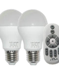 Smart LED Light Bulbs With 2 4GHz Wireless Remote 3 Zone Dimmable E27 Base showing two bulbs and a remote control