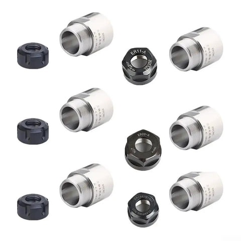 Ultimate ER Collet Sleeve Thread Adapter Kit For Engraving Spindle Motors with various sizes and steel conversion nut.