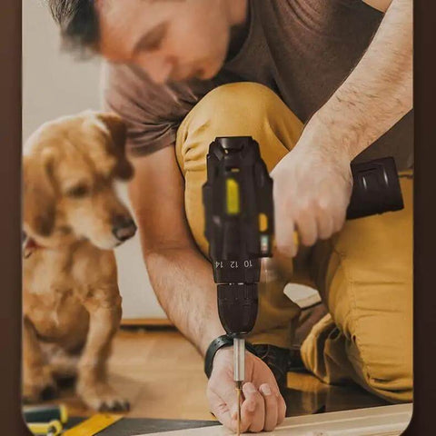 Person using Solid Grip 12V Rechargeable Cordless Hand Drill Featuring Forward Reverse Switch and Heavy Duty High Carbon Steel Bit Set.