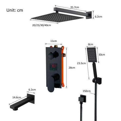 UMJIGF Led Digital Display Shower System Wall Mounted Concealed Shower Faucet Set Multifunction Matte Black components layout with measurements.