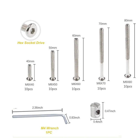 Crib Hardware Replacement Kit With M6 Hex Drive Socket Cap Screws And Barrel Nuts For Baby Beds Chairs And Furniture 50 Piece Set