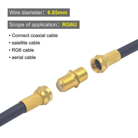 Gold Plated F Type Coax Connector Female To Female For RG6 Cables Two Pack Pro Grade Ultra Compact Flush Mount Adapter Extend And Convert TV Satellite Lines High Quality Signal Pass Through Easy Install Built Tough And Reliable. Gold F-type female-to-female RG6 adapter, 6.85mm cable, two connectors