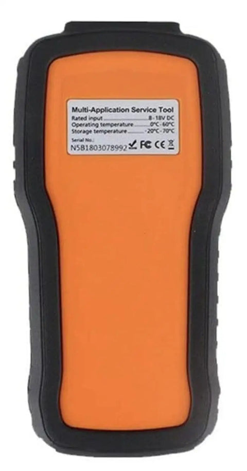 Back view of orange All Systems Diagnostic Tool For Kia And Hyundai With Bidirectional Scan OBD2 Reader showing label details.