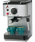 Smooth Pull Manual Espresso Maker Crafted From Premium Stainless Steel Delivers Rich Crema With 15 Bar Pressure And A 53 Oz Tank with two teal cups.