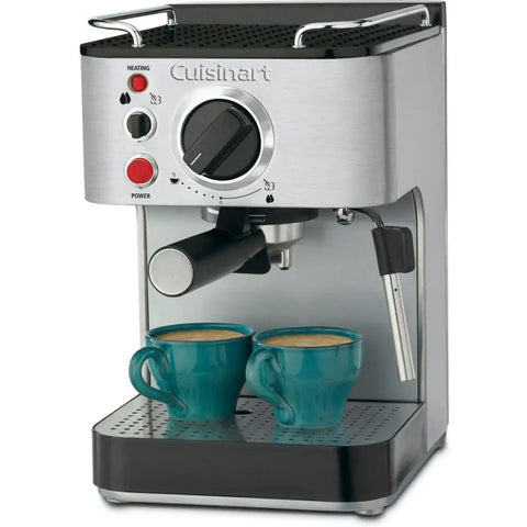 Smooth Pull Manual Espresso Maker Crafted From Premium Stainless Steel Delivers Rich Crema With 15 Bar Pressure And A 53 Oz Tank with two teal cups.
