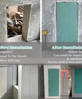 Before and after images of Zero Hassle Bifold Magnetic Access Panel Door With Quiet Strips And Predrilled Holes For Drywall Plumbing Wiring.