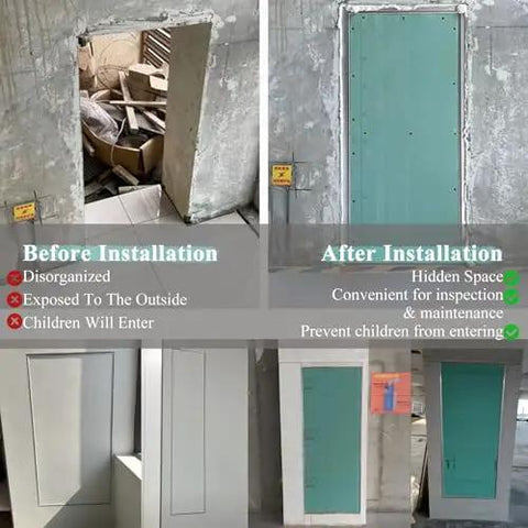 Before and after images of Zero Hassle Bifold Magnetic Access Panel Door With Quiet Strips And Predrilled Holes For Drywall Plumbing Wiring.