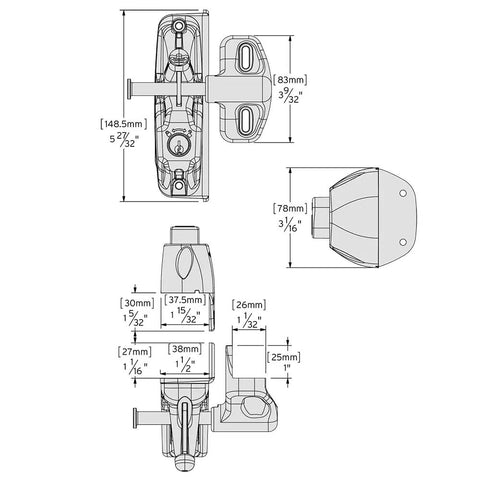 Technical drawing of Top Shelf Locking Gate Latch Black Featuring Dual Side Privacy Shield And Rekeyable Cylinder with dimensions.
