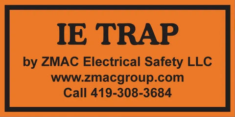 IE Trap safety label by ZMAC Electrical Safety LLC featuring contact information and website on bright orange background.