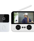 Wireless Video Doorbell Camera With 4.3 Inch IPS Screen No Sub Needed HD Night Vision Two Way Audio Auto Video Recording No Drill Mount Rechargeable Smart Doorbell Chime For Home, showing device and screen with visitor.