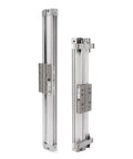 Workhorse Mechanical Joint Rodless Cylinder Featuring Heavy Duty Pneumatic Actuator With Integrated Shock Absorbers For Seamless Automation And Rugged Daily Grind Operational Tasks, aluminum profile, side view.