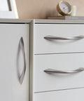 10 Pack Brushed Nickel Cabinet Pulls 5 Inch Arch Twisted Silver Handles installed on white drawers and cupboards