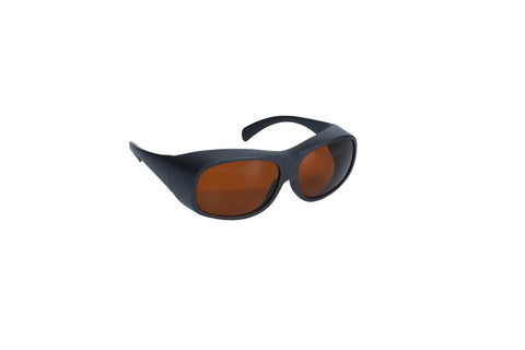 Top Shelf OD7 Laser Protection Safety Glasses For 532nm 755nm 1064nm with dark wraparound frame for eye safety.