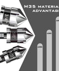 Close-up of three M35 cobalt countersink drill bits showing size markings and hardness chart, highlighting material advantages.