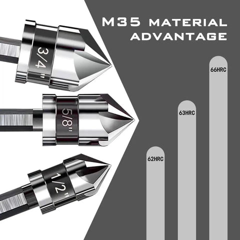 Close-up of three M35 cobalt countersink drill bits showing size markings and hardness chart, highlighting material advantages.