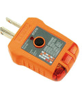 RT210 Outlet Tester For GFCI And Standard Receptacles showing test indicator lights, orange plastic housing, North American plug
