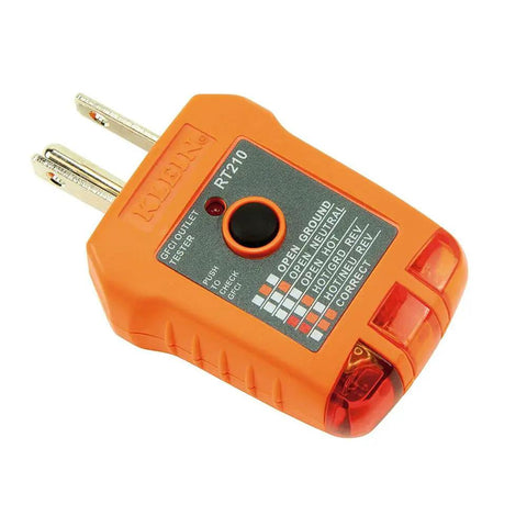 RT210 Outlet Tester For GFCI And Standard Receptacles showing test indicator lights, orange plastic housing, North American plug