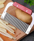 Front view of SPXTOM Handhold Crinkle Cutter with red handle and stainless steel wavy blade for slicing potatoes and vegetables