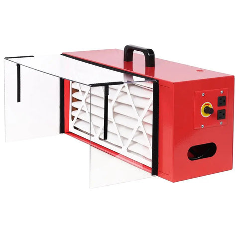 Yaton Portable Tabletop Dust Collector 725Cfm Woodworking System in red with filter, transparent doors, and side access.