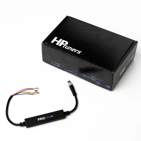 ProLink Plus Cable With Analog And CAN Bus Inputs For External Sensors next to HP Tuners box, designed for MPVI2 Plus and MPVI3 tools.