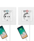 Straight Up Wall Outlet With Dual Usb Ports 5V 2 1A Fast Power 16A EU Standard plugs charging smartphones in a clean wall setup.