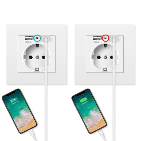 Straight Up Wall Outlet With Dual Usb Ports 5V 2 1A Fast Power 16A EU Standard plugs charging smartphones in a clean wall setup.