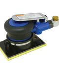 Pro Grade Pneumatic Finishing Sander Packs Lightweight Build And Slick Orbit For Car Detail And Metal Prep Cuts Through Primer Dead Smooth For Flawless Finish Runs Sick At Eight Thousand Five Hundred Rpm On Standard Shop Air, featuring blue and black compact design with yellow pad.