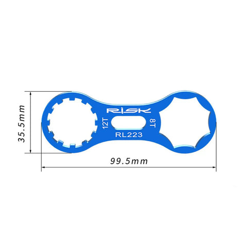 Pro Grade Aluminum Cap Removal And Installation Wrench for Front Fork Caps, blue, 99.5mm, 12T/18T, shown with measurements