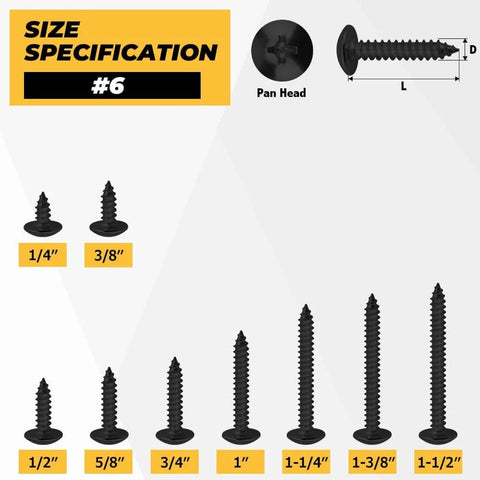 100 Pack Size Six Black Truss Head Self Tapping Screws For Wood Sheet Metal And Plastic Stainless Steel 304 Rust Resistant With Black E Coating