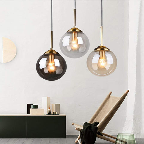 Industrial Retro Loft 3 Way Pendant Light With Glass Globe Lampshades In Amber, Brass Fittings Cluster Chandelier Hanging Lamp