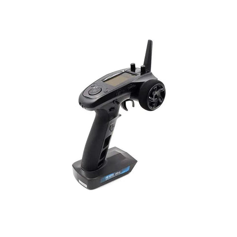 FS-GT5 2.4GHz 6CH AFHDS RC Transmitter with FS-BS6 Receiver, side view showing ergonomic design and control wheel for RC models