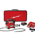 Pro Grade Cordless Grease Gun Workhorse 18 Volt Drives Two Speed Precision Lever with battery charger and flex hose in carry case.