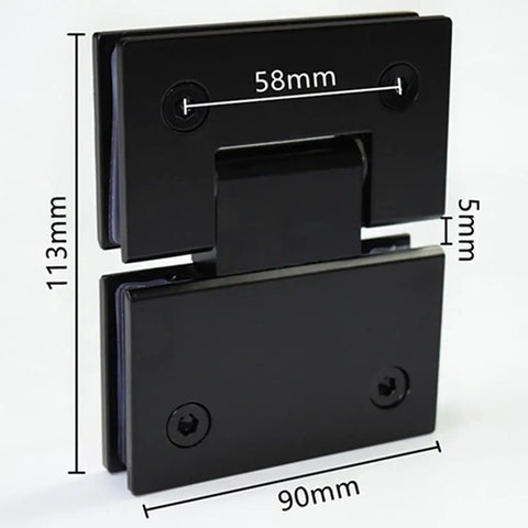 Close-up of Stainless Steel Wall Mounted Black Glass Shower Door Hinge 180 Degree Hardware For Modern Bathrooms with measurements.