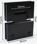 Black Stainless Steel Glass Shower Door Hinge, Wall Mounted, 180 Degree Swing, Heavy Duty with dimensions 113mm x 90mm x 58mm