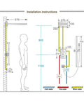 Installation instructions for Total Game Changer In Wall Concealed Waterfall Shower System dimensions and plumbing layout.