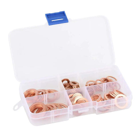 Copper Washers Set 110 Pcs 6 Types With Durable Case Assortment Kit for gaskets and sealing rings in a plastic case