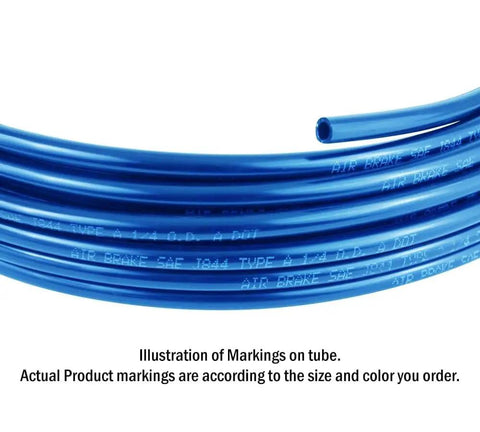 Close-up of 3/8 Inch SAE J844 Nylon Air Brake Tubing 100 Feet Red Or Blue DOT Approved Heavy Duty Pneumatic Air Line Hose in blue color.