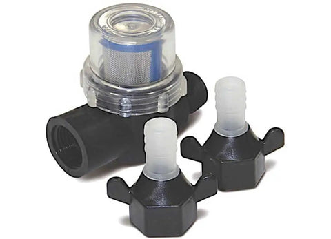Heavy Duty Flow Max Rv Water Pump With 50 Psi Pressure And 3 Gallons Per Minute Flow, including a filter and connectors for easy installation.