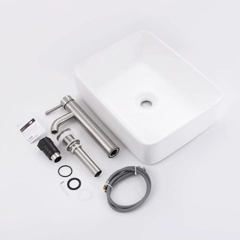 Rectangular Vessel Sink With Faucet And Drain Combo in Brushed Nickel Finish, 19 by 14.6 inch bathroom vanity sink set