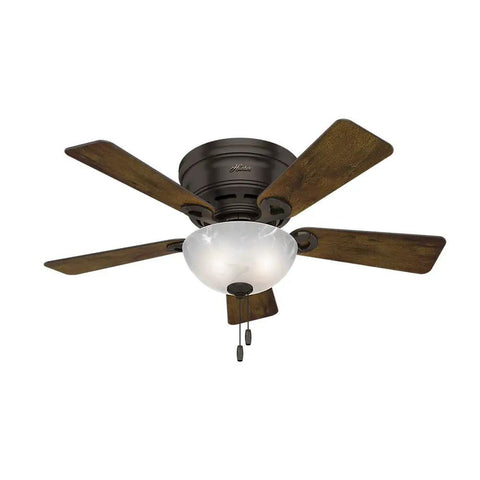 42 Inch Haskell Premier Bronze Low Profile Ceiling Fan With LED Light Kit And Pull Chain Whisper Wind Multi Speed Reversible Motor For Quiet Powerful Airflow Marble Glass Light Cover Ideal For Bedroom Or Living Space